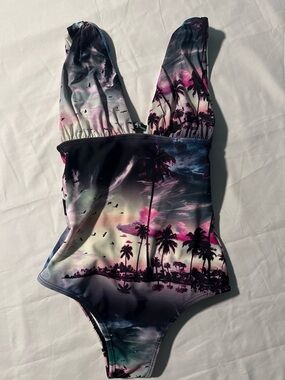 Blue Man Tropical Sunset One-Piece Swimsuit in Pink & Black